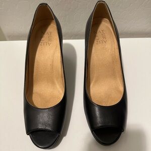Naturalizer Black Leather Peep Toe Wedges
